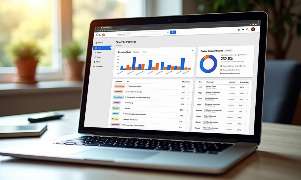 Painel do Google Search Console exibido em um laptop.