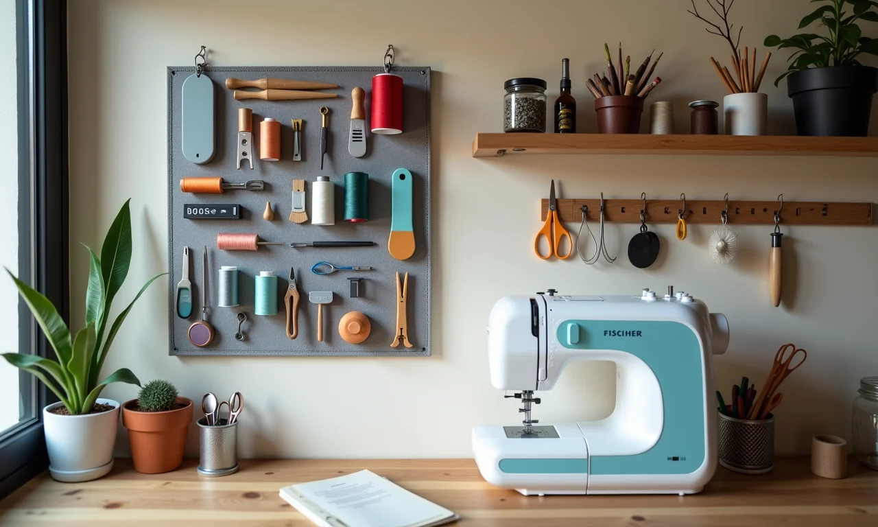 Painel organizador da Fischer em um ateliê de costura.