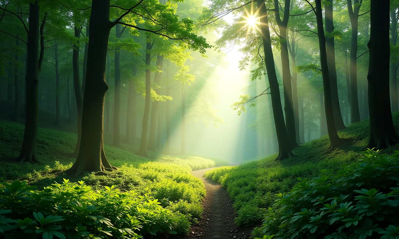 Cuidado com a natureza: Proteja o planeta Paisagem exuberante de floresta verde com raios de sol, simbolizando a preservação ambiental.