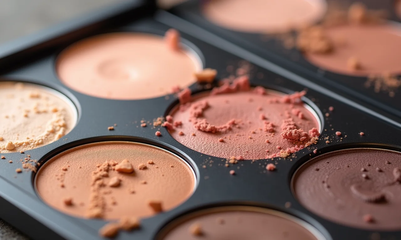 Paleta de sombras neutras e pigmentadas em close-up.