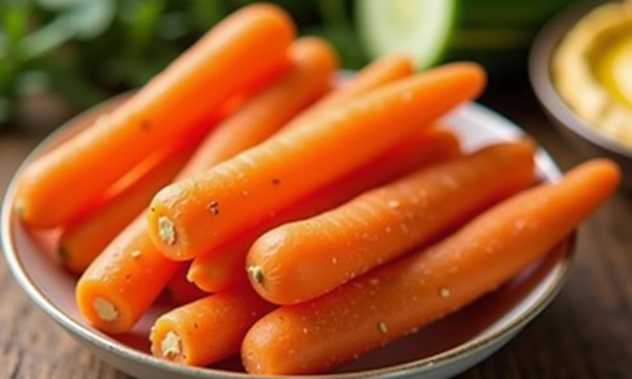 Palitos de cenoura e pepino com homus em um recipiente.