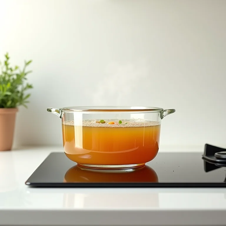 Panela de vidro transparente com caldo de legumes fervendo.