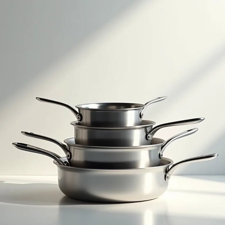 Panelas de aço inoxidável empilhadas em ordem de tamanho.