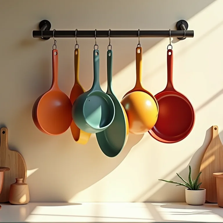 Panelas de cerâmica coloridas penduradas em um rack de cozinha.