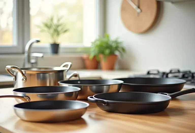 Panelas saudáveis dispostas em bancada de cozinha clara.