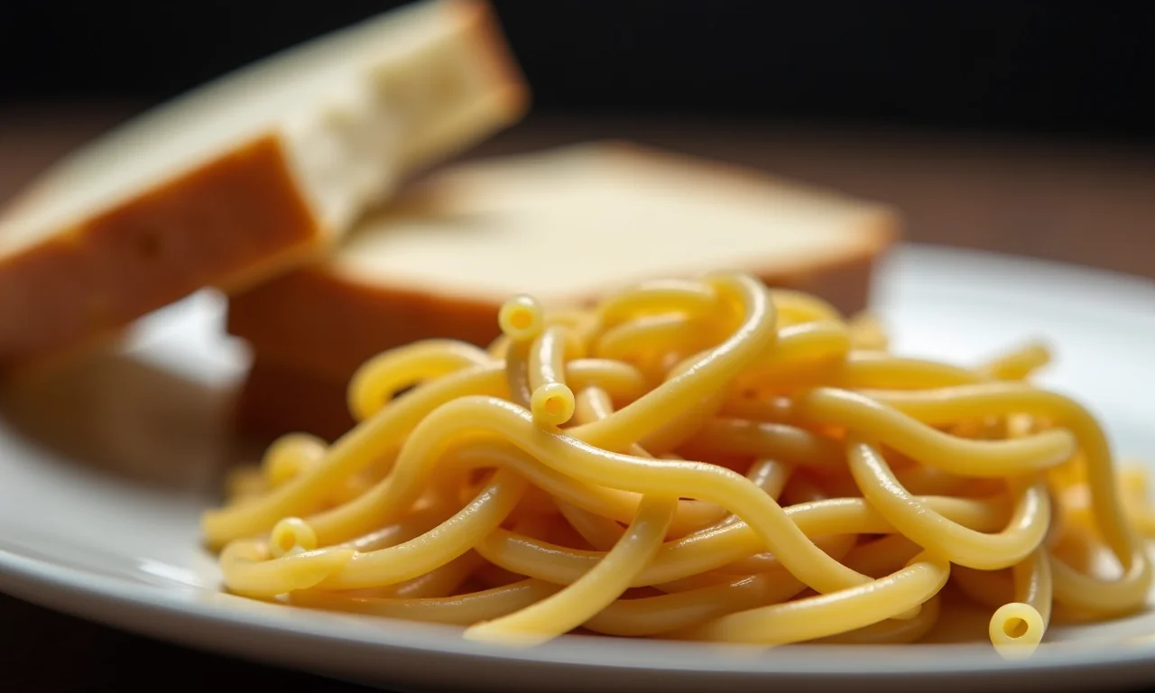 Pão branco e massas refinadas em um prato, iluminação dramática.