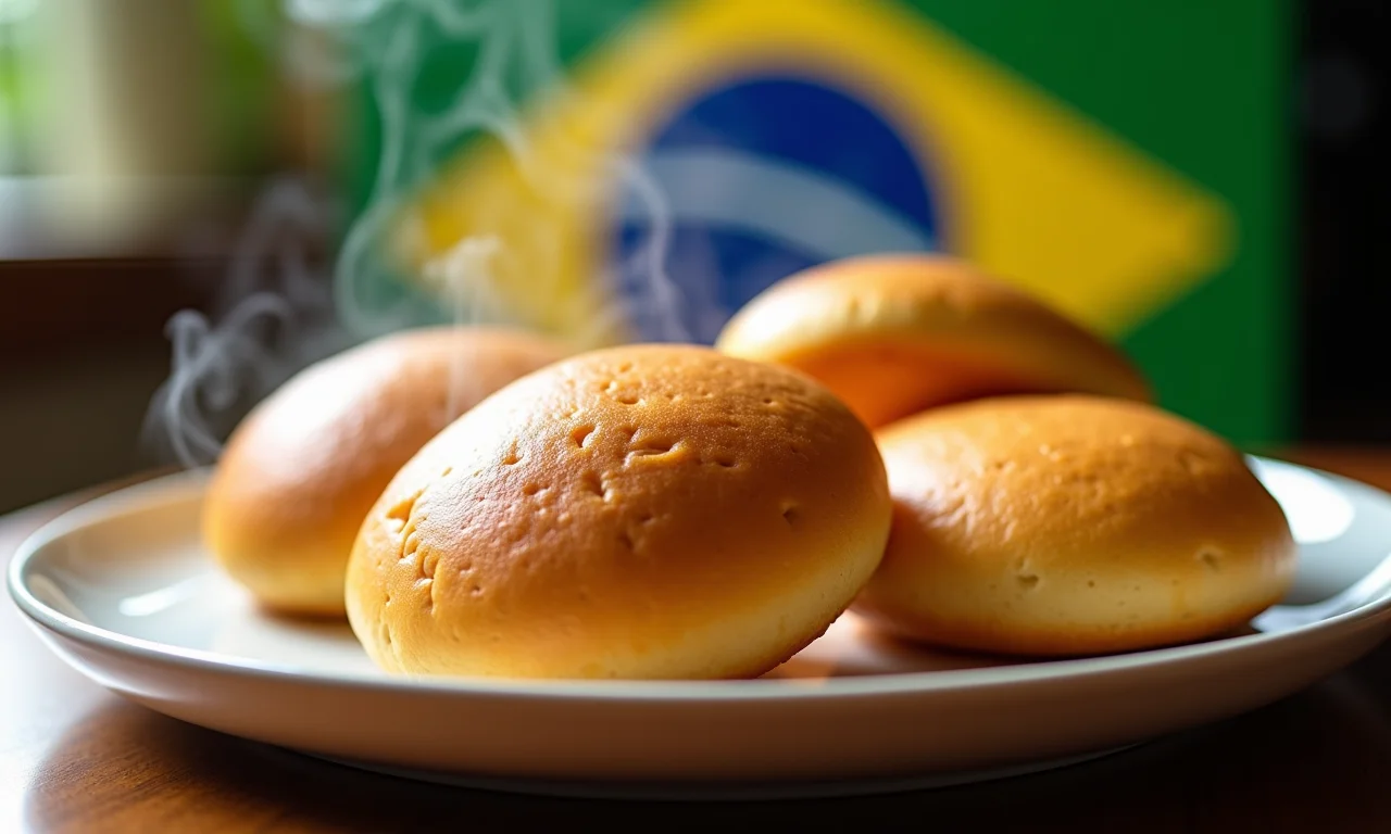 Pão de queijo caseiro quentinho, fumegando em um prato.