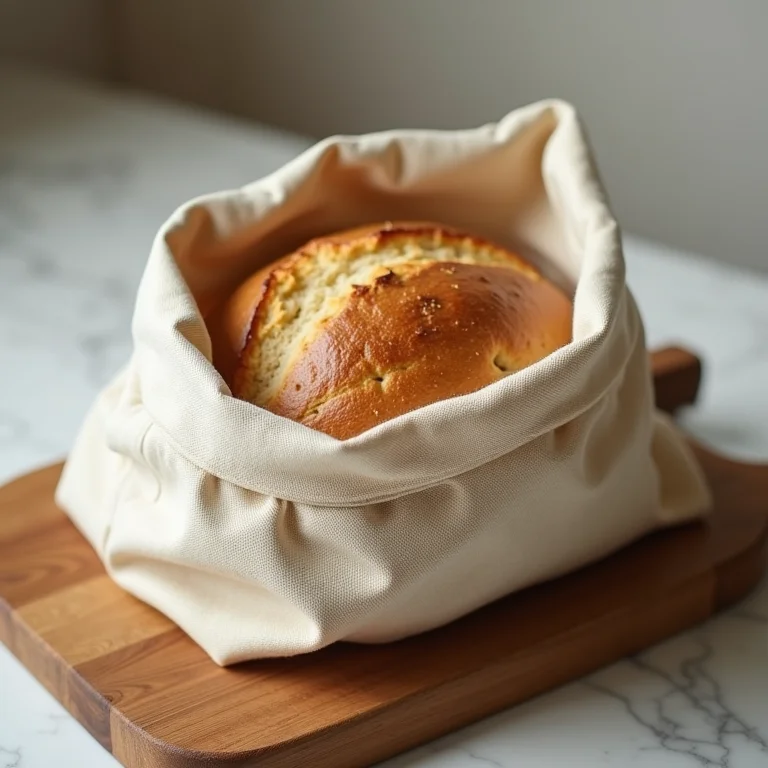 Pão fresco em saquinho de tecido.