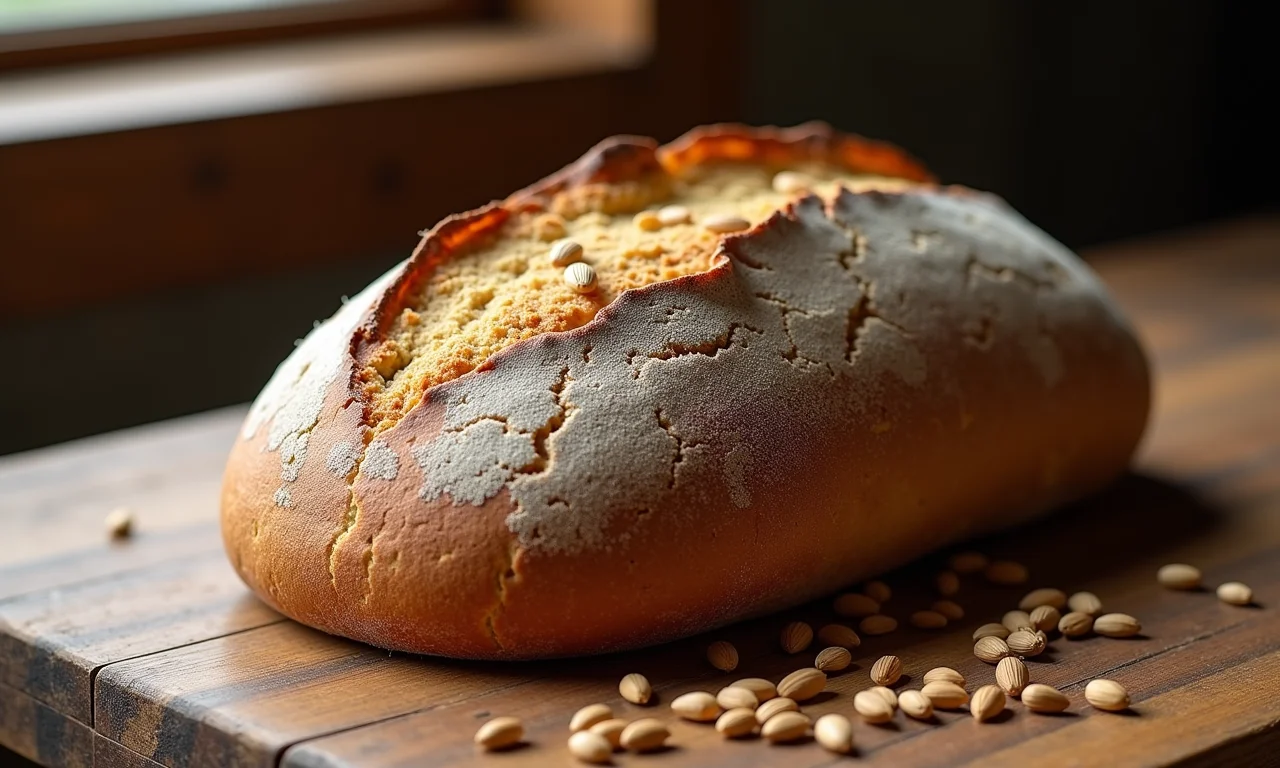 Pão integral caseiro com sementes, em mesa de madeira rústica.