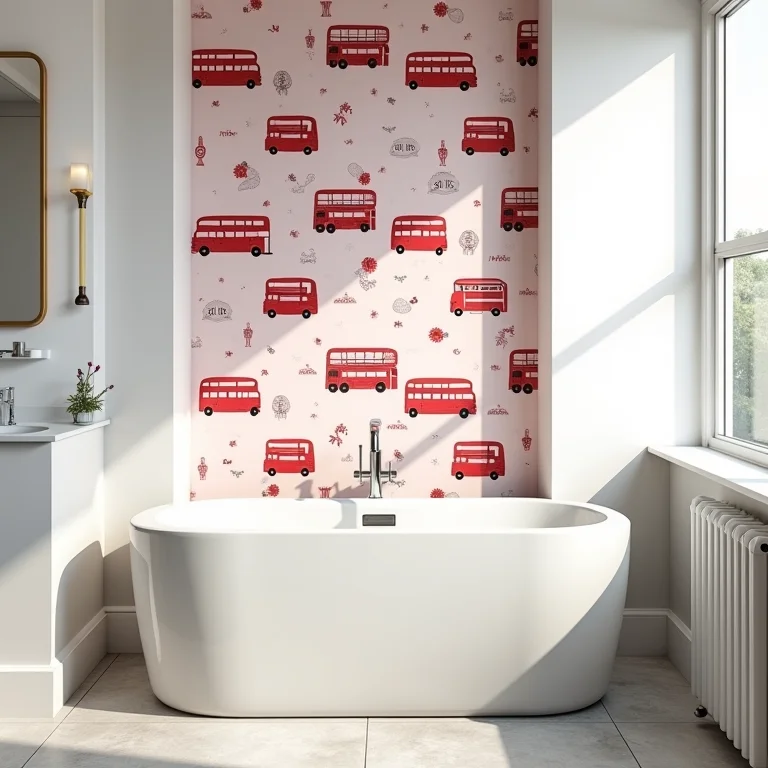 Papel de parede temático de ônibus de Londres em banheiro.