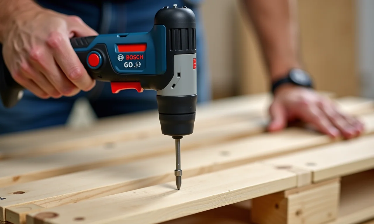 Parafusadeira/Furadeira Bosch Go 2 em uso na montagem de um sofá de palete.