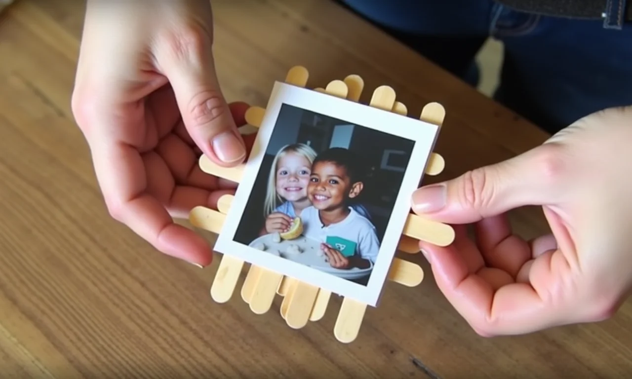 Passo a passo: colando foto em palitos de picolé para o quebra-cabeça.
