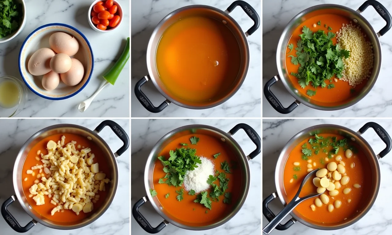 Passo a passo da receita de sopa de macarrão com frango e legumes.