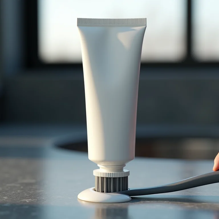 Pasta de dente sendo aplicada em rejunte escuro com uma escova de dentes.