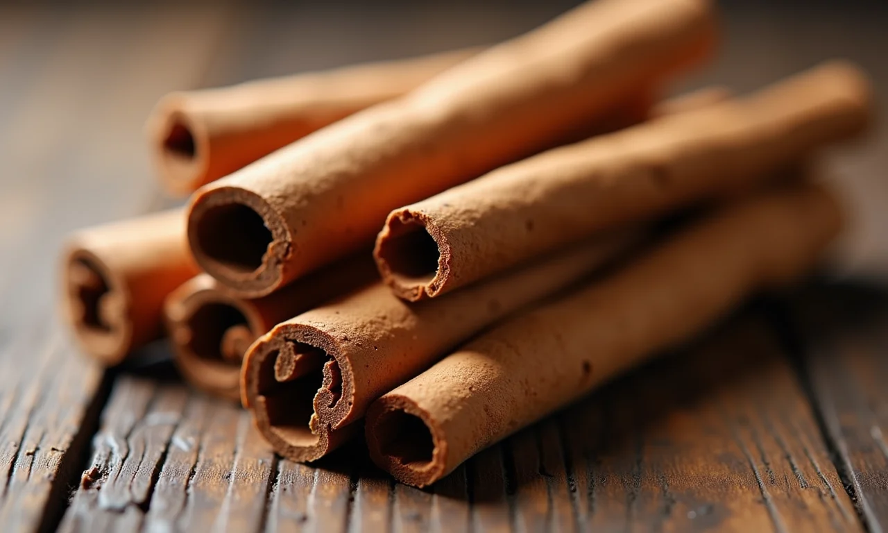 Paus de canela dispostos em superfície rústica de madeira, com iluminação natural suave.