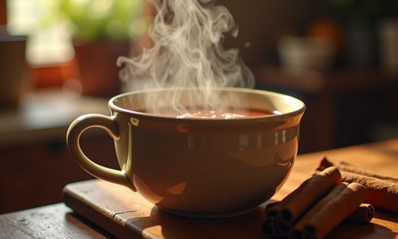 Paus de canela liberando aroma em água quente.