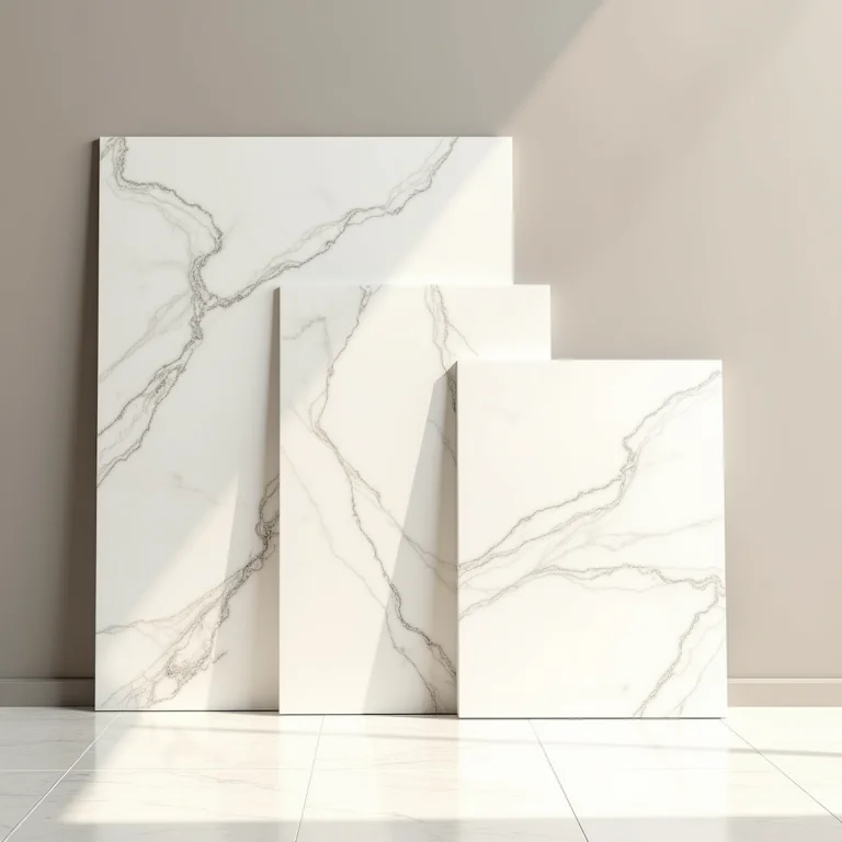 Peças de porcelanato Calacata de diversos tamanhos e formatos