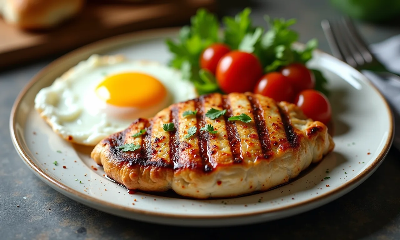 Peito de frango grelhado e ovos, fontes de proteína para recuperação muscular na dengue.