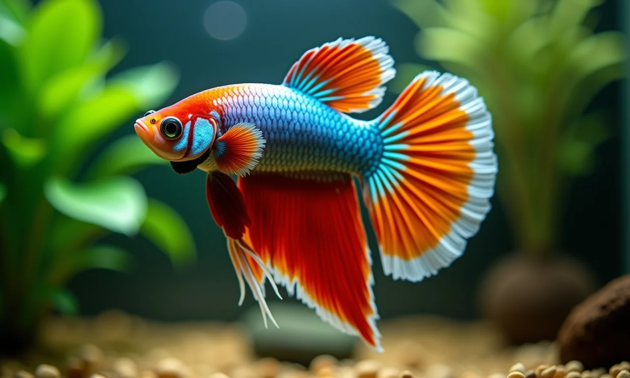 Peixe Betta: Quanto de ração ele precisa por dia? Peixe Betta nadando em aquário com ração visível.