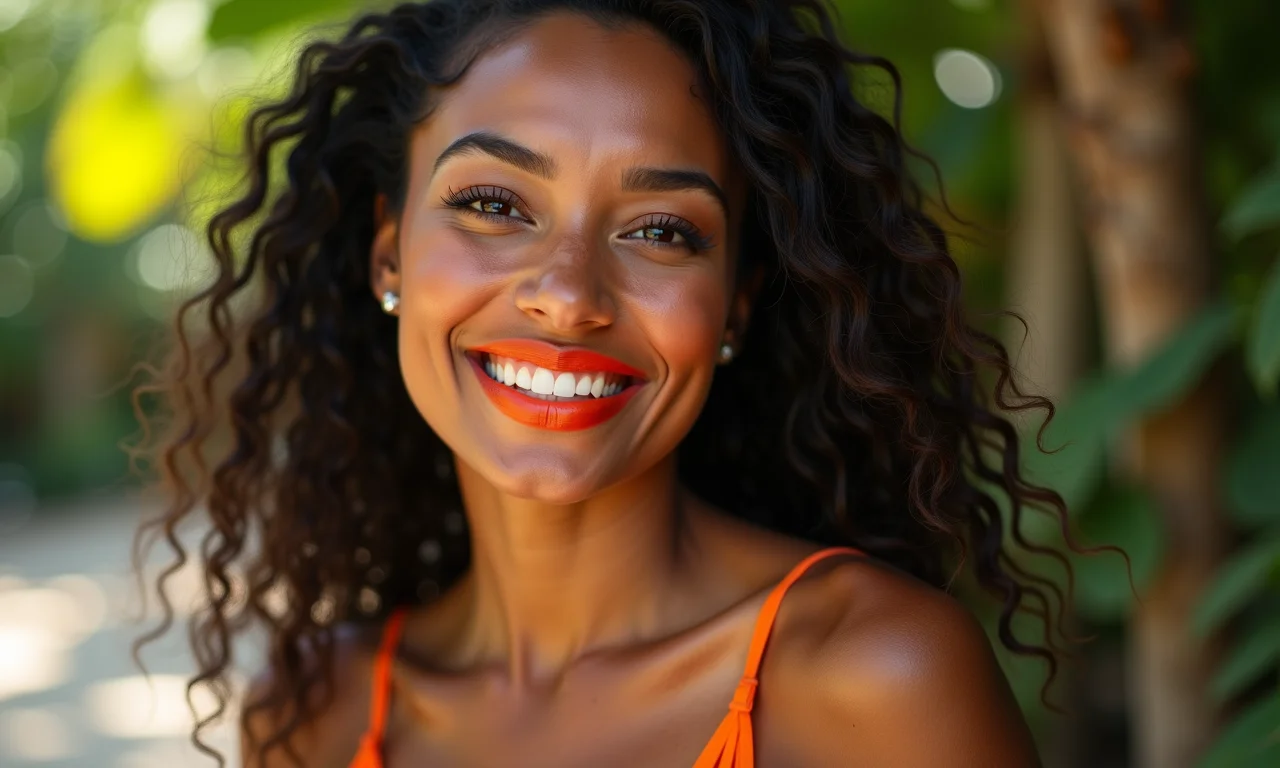 Pele morena com batom laranja vibrante