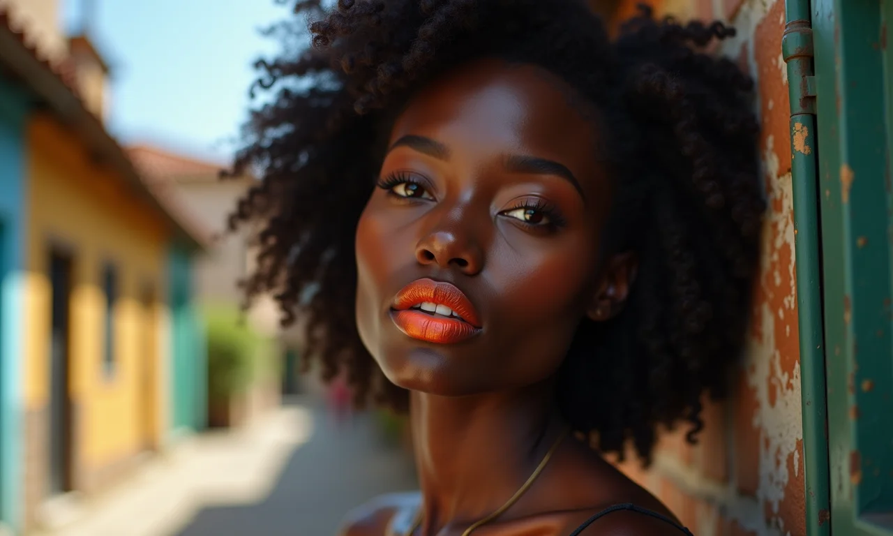 Pele negra com batom laranja intenso e queimado