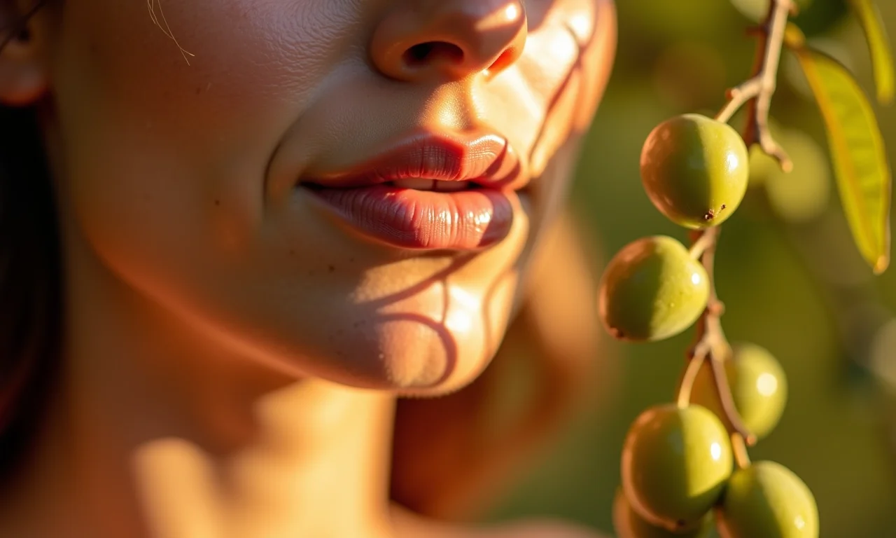 Pele radiante com azeitonas ao lado.