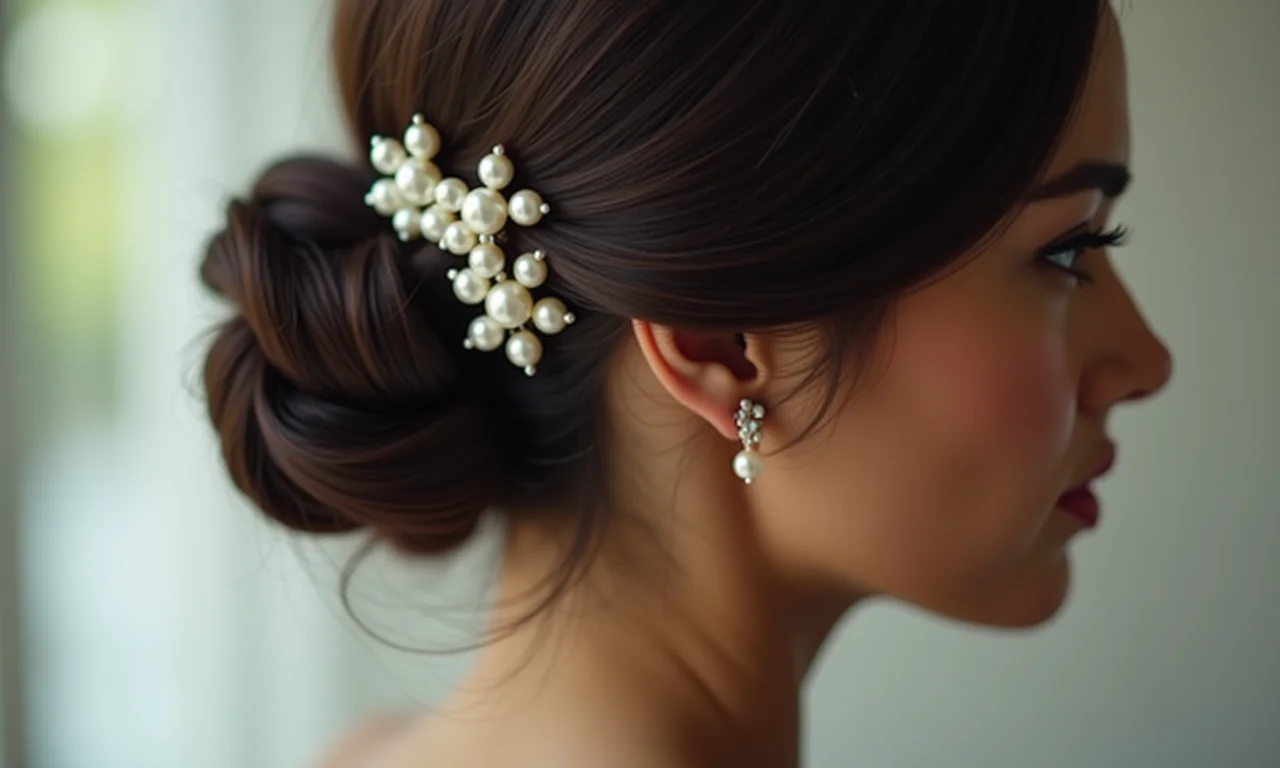 Penteado elegante com grampos de pérolas.