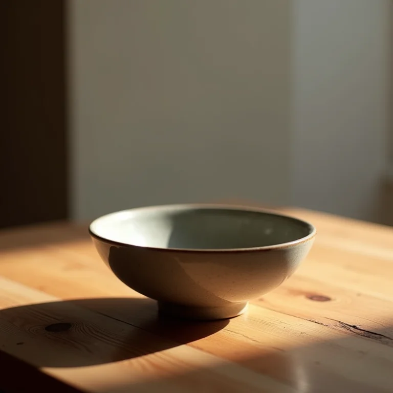 Pequena tigela de cerâmica sobre mesa de madeira rústica