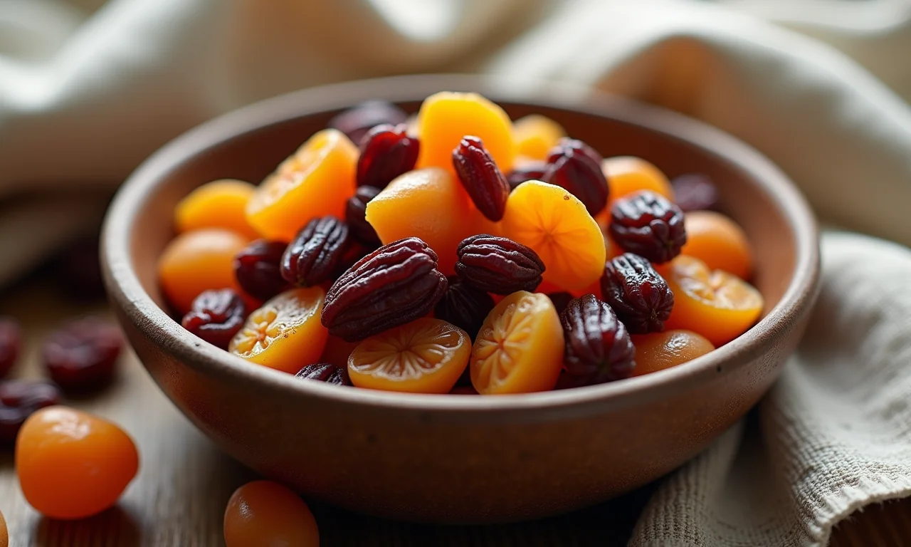 Pequena tigela de frutas secas transbordando.