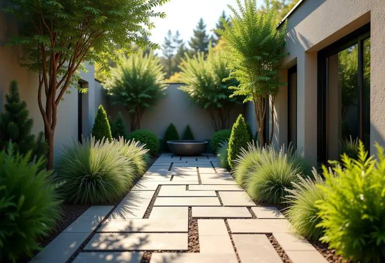 Pequeno jardim com revestimentos diversos e vegetação exuberante.