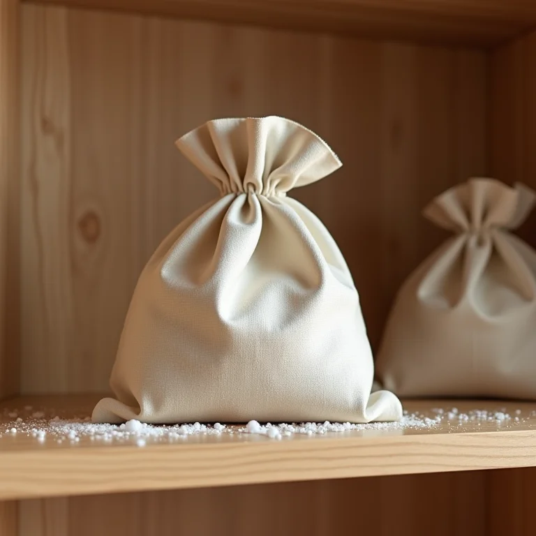 Pequenos sacos de tecido com dessecante em prateleiras de armário.