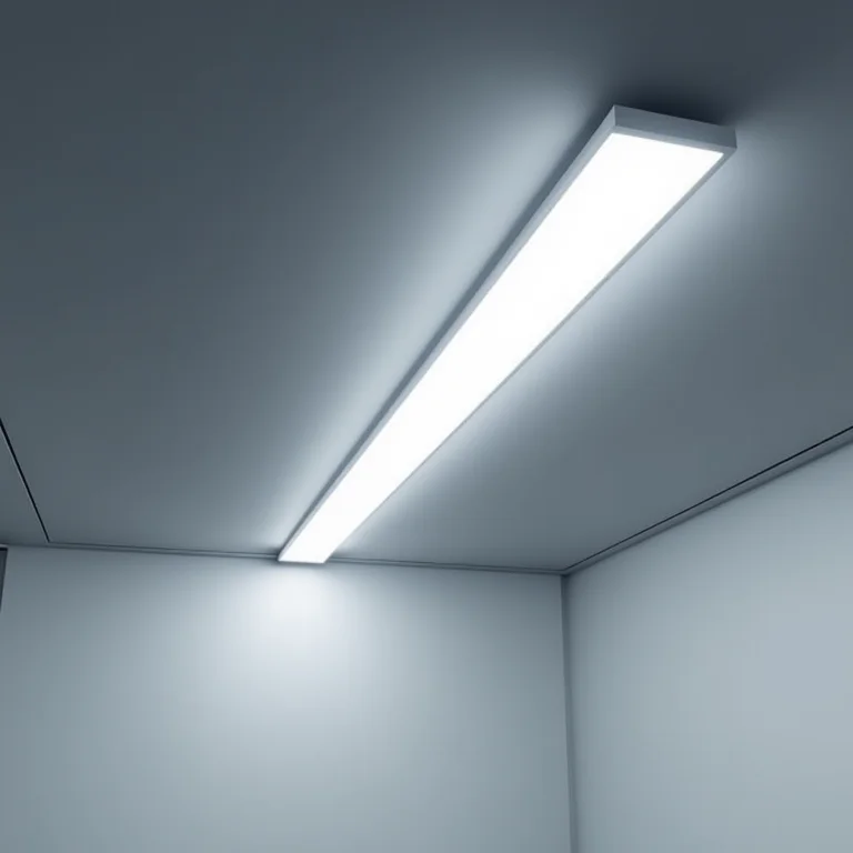 Perfil de LED linear iluminando um teto de escritório moderno.