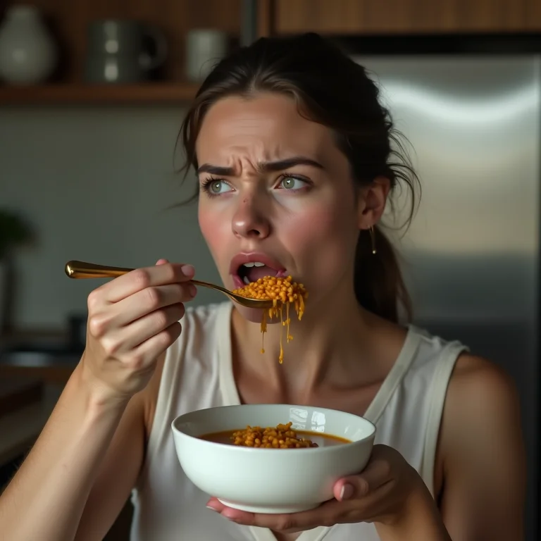 Pessoa com expressão de desgosto provando um caldo sem graça