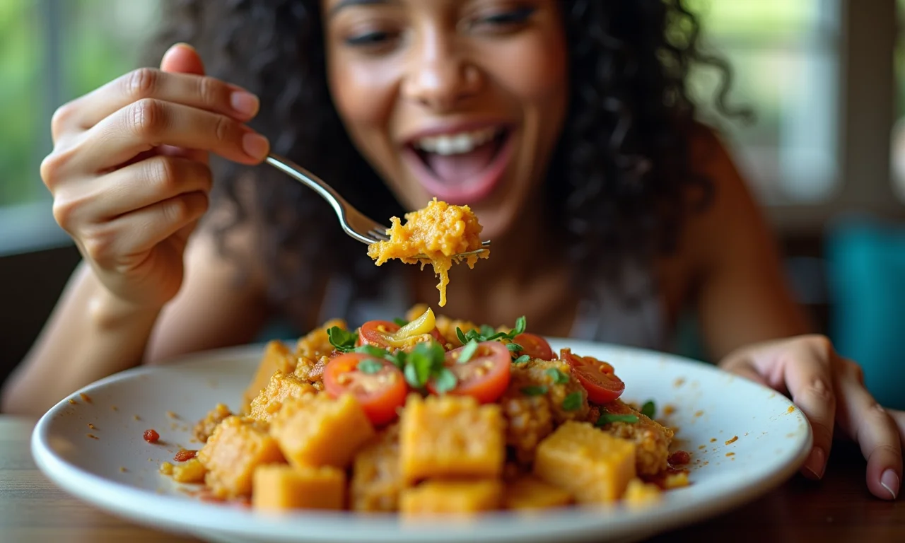 Pessoa comendo com atenção plena, saboreando cada mordida de uma refeição vibrante.