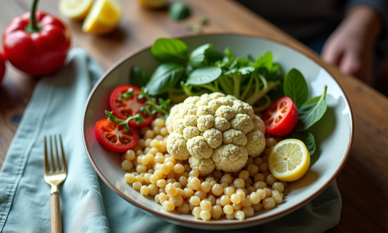Pessoa desfrutando refeição saudável com couve-flor.