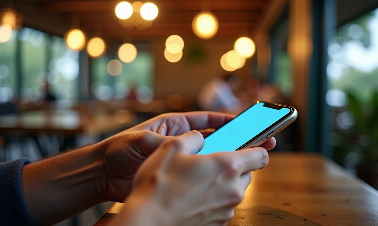 Pessoa digitando um tweet conciso em um café movimentado no Brasil.