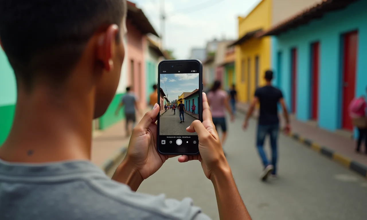 Pessoa gravando vídeo de dança no TikTok em uma rua colorida no Brasil.