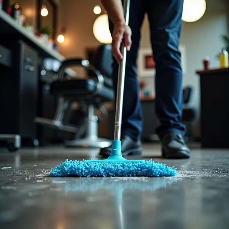 Pessoa limpando o piso de uma barbearia