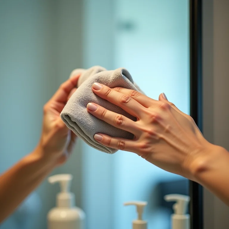 Pessoa limpando um espelho de corpo inteiro com pano de microfibra.