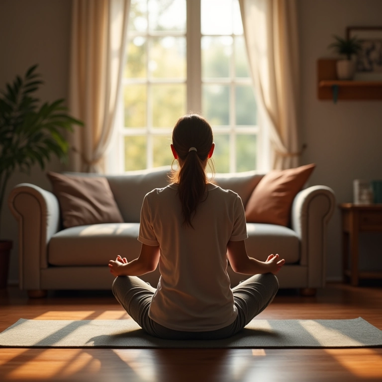 Pessoa meditando em um local tranquilo em casa.