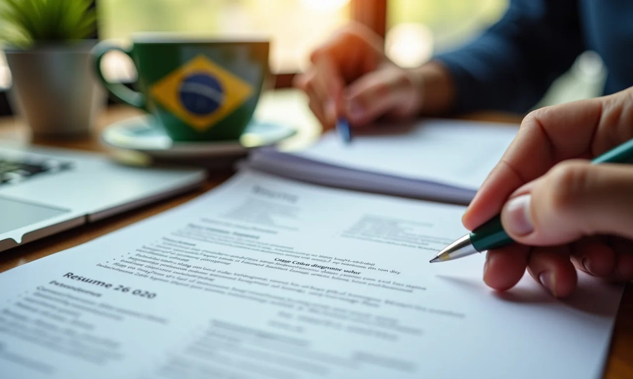 Pessoa revisando meticulosamente um currículo com xícara de café.