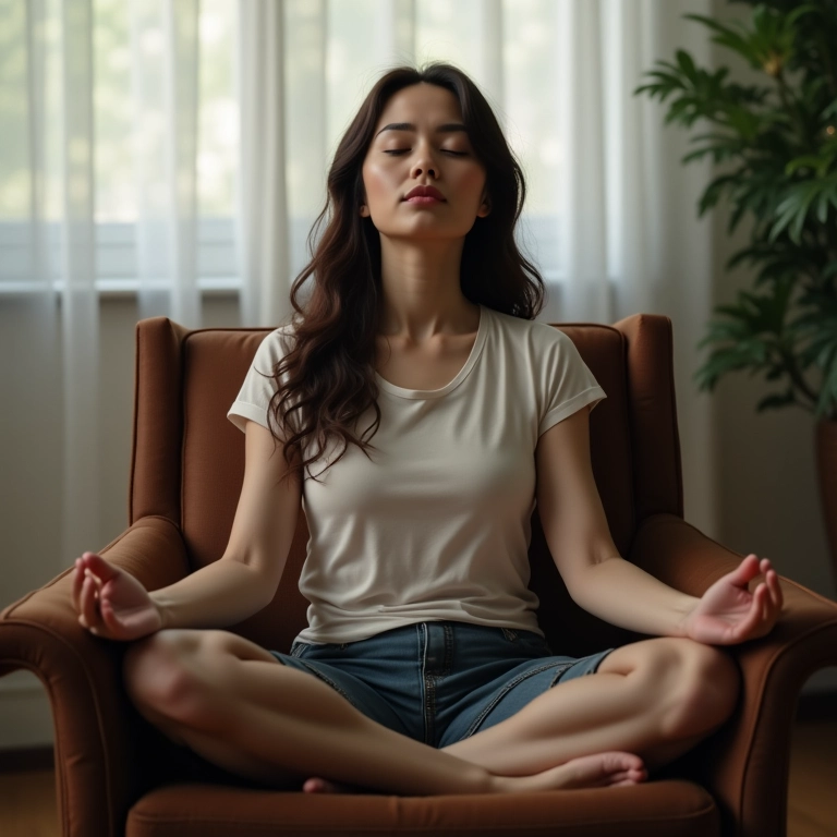 Pessoa sentada confortavelmente meditando.
