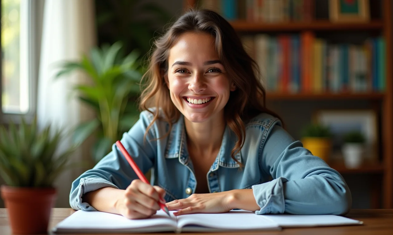 Pessoa sorrindo enquanto escreve em um diário, sentindo melhora no humor.