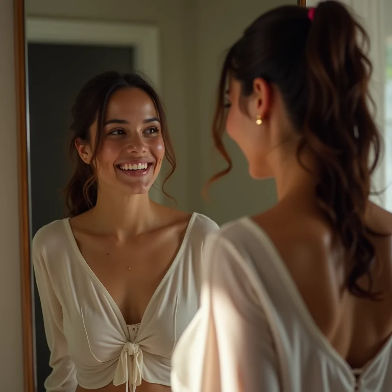 Pessoa sorrindo para o reflexo em um espelho de corpo inteiro.