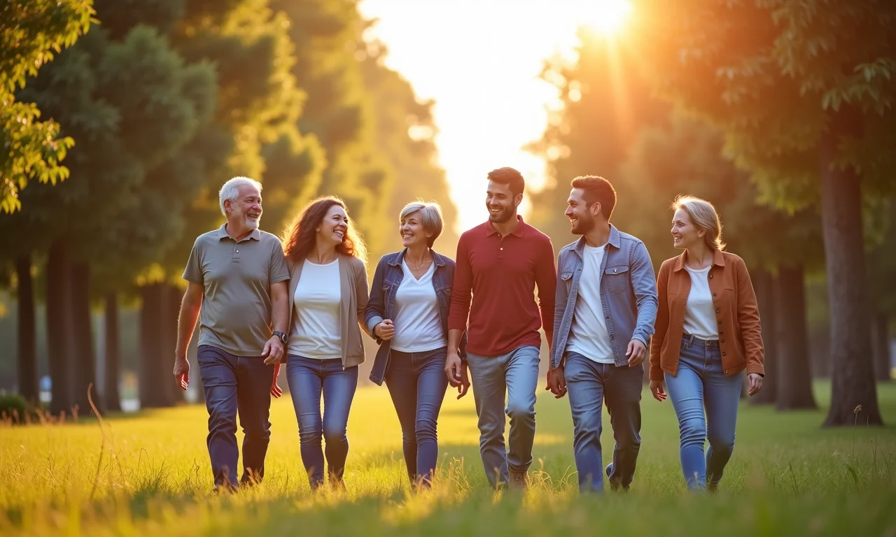 Pessoas caminhando felizes em um parque ensolarado, representando saúde cardiovascular e os benefícios da vitamina D.