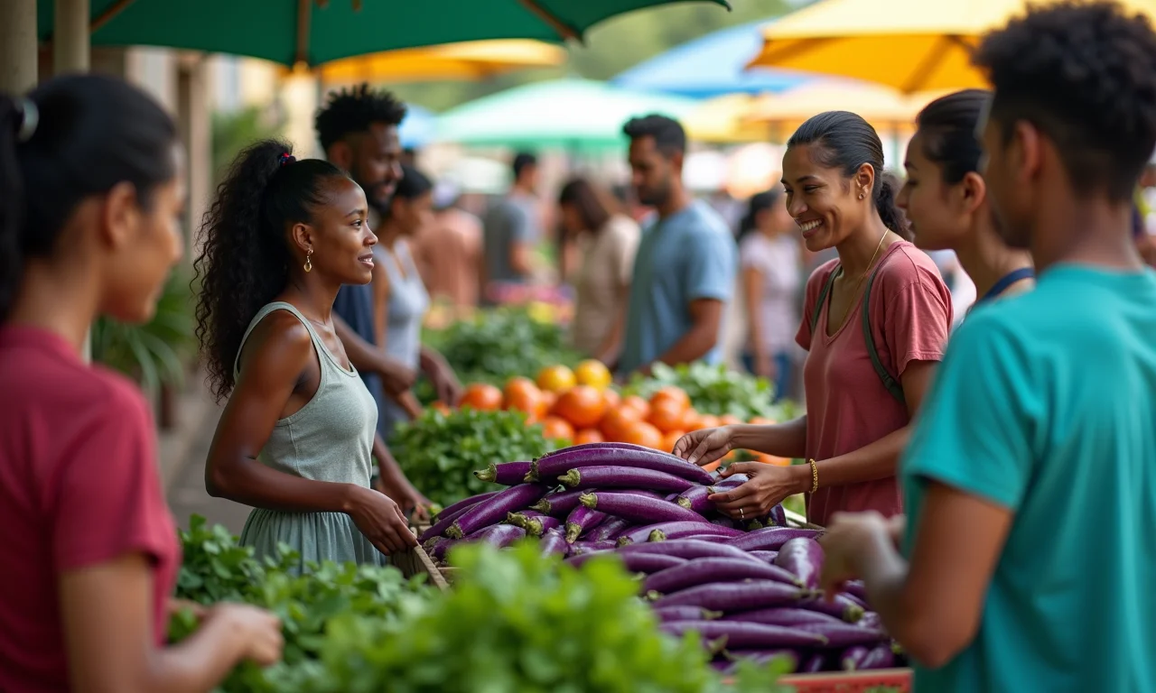 Pessoas comprando quiabo-roxo em feira livre.