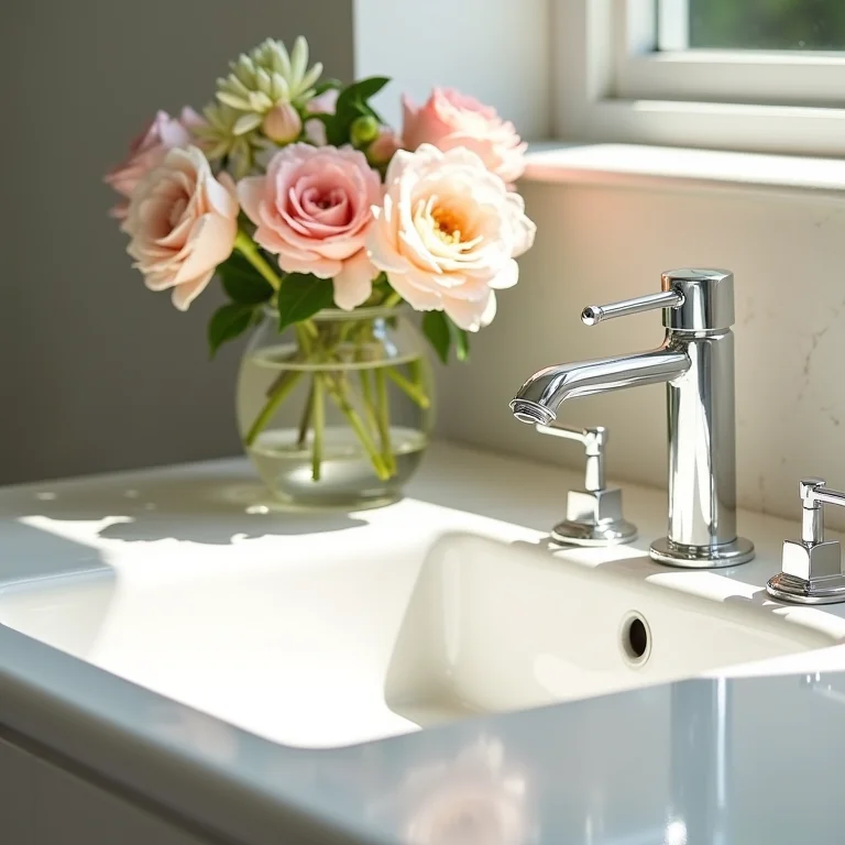 Pia de banheiro limpa e organizada com flores frescas