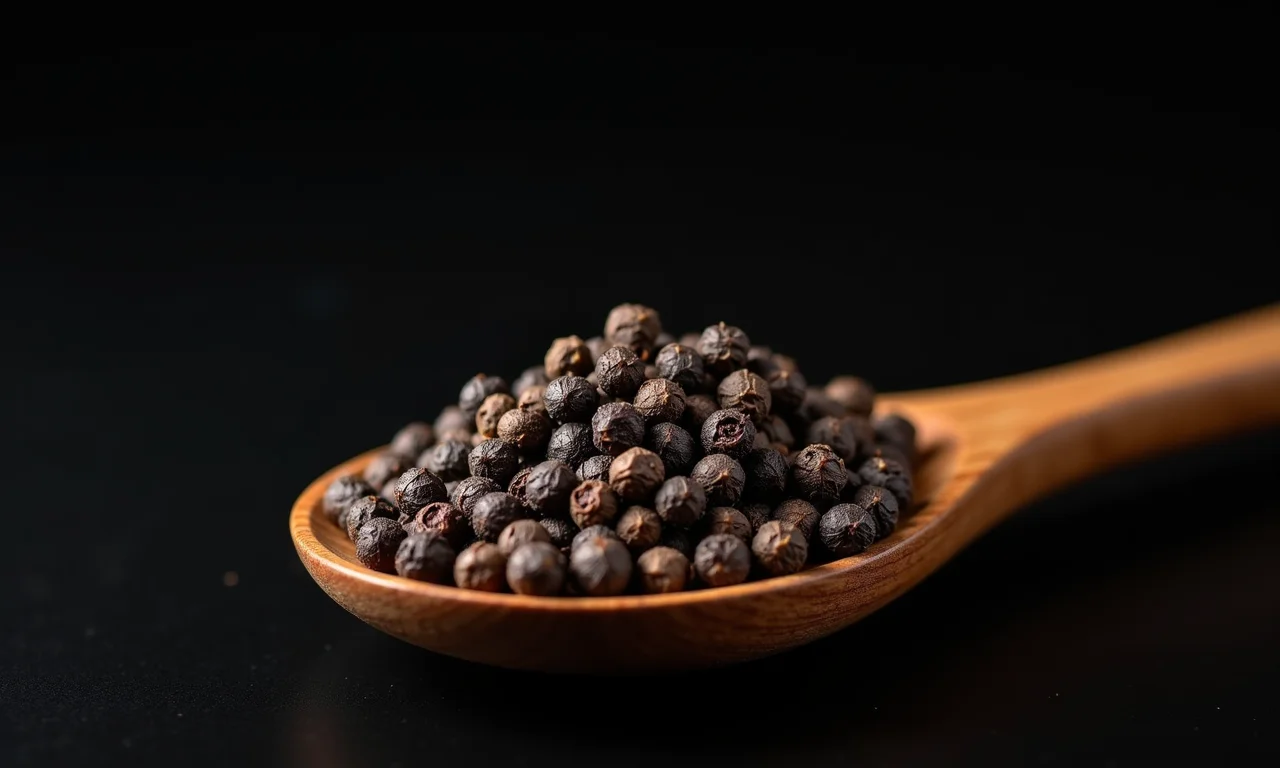 Pilha de grãos de pimenta do reino em uma colher de madeira, sob luz natural.