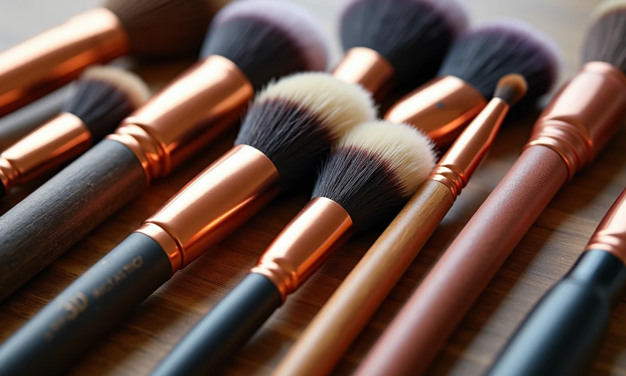 Pincéis de maquiagem de alta qualidade dispostos em mesa colorida.