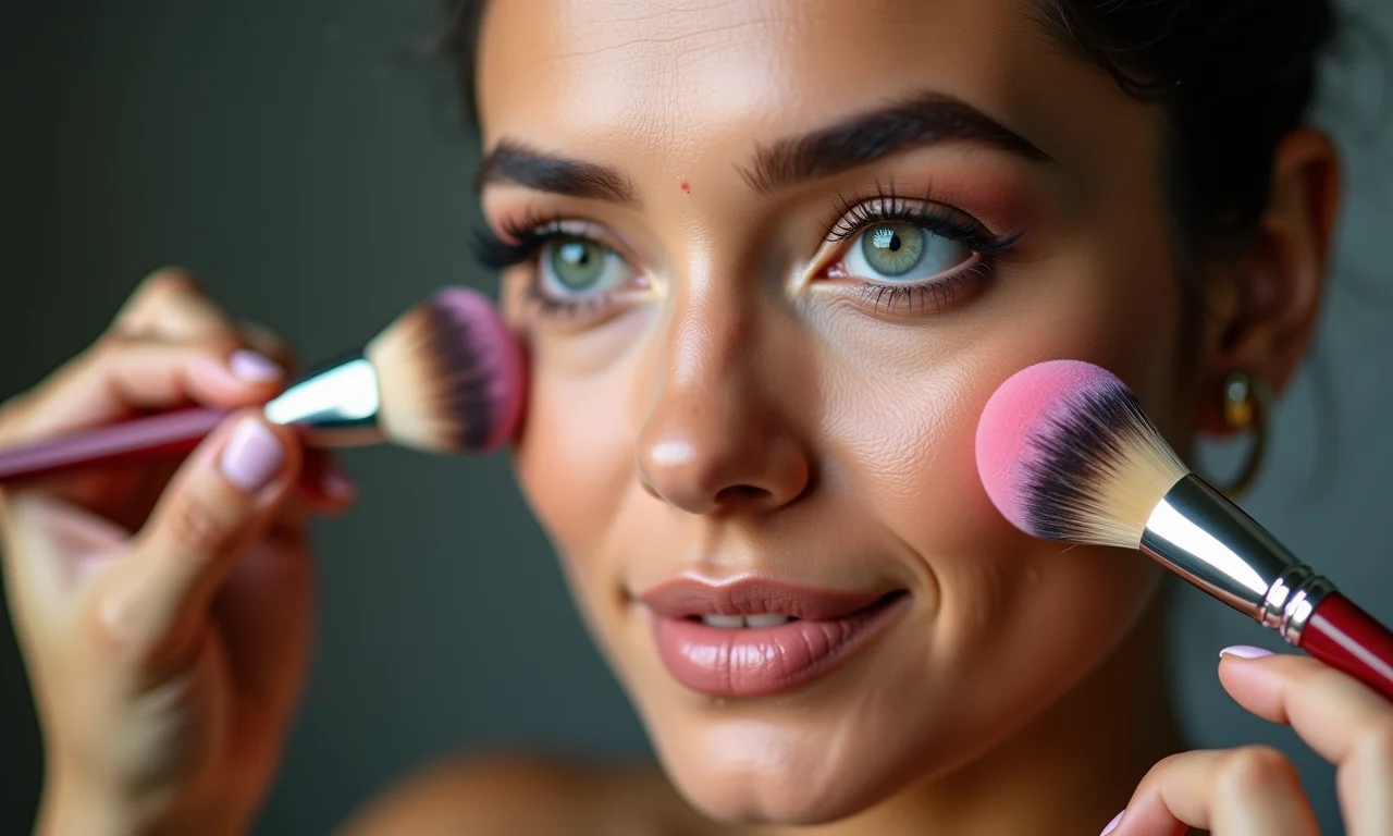 Pincéis e esponjas de maquiagem sendo usados para aplicar maquiagem no rosto de uma mulher.
